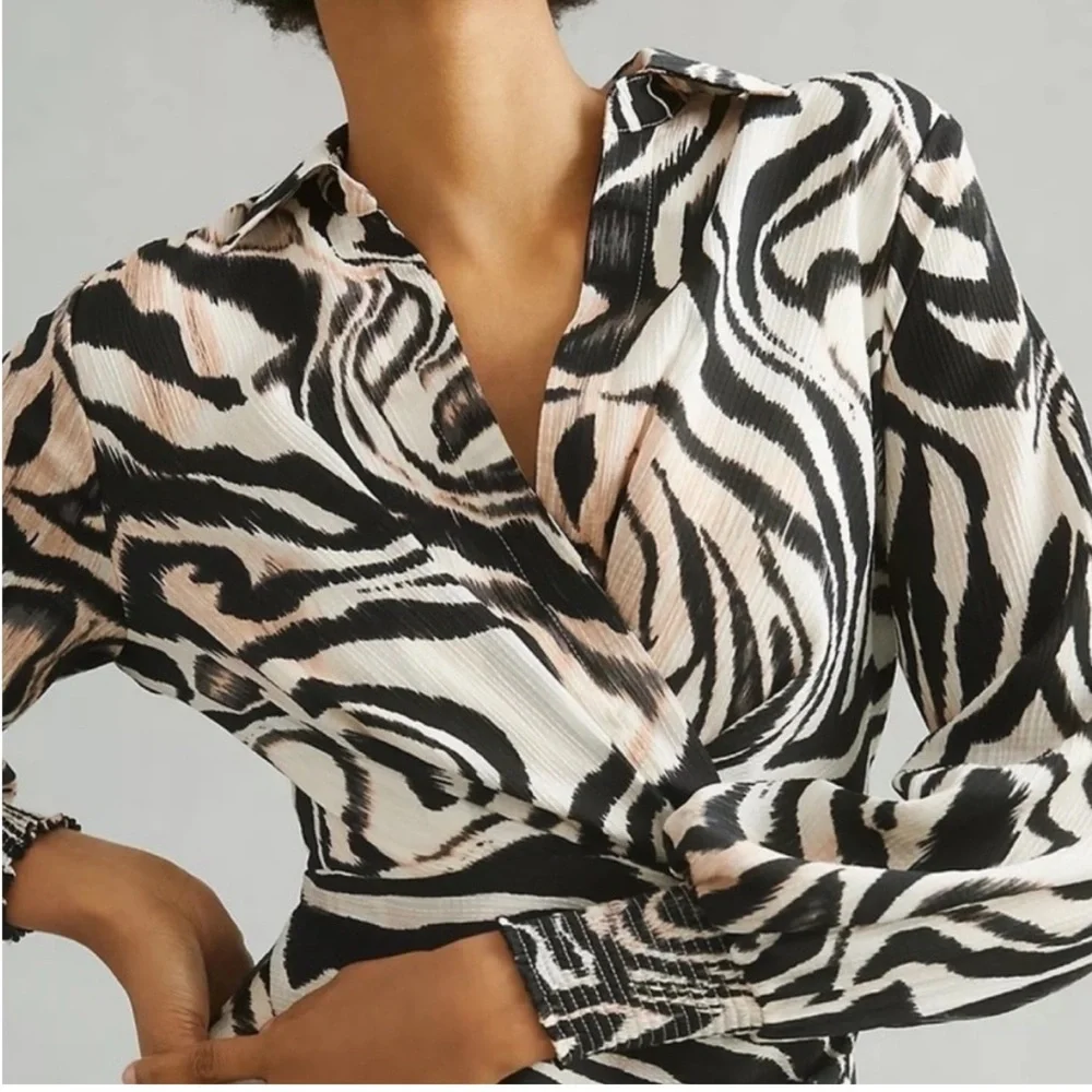 Anthropologie Faux Wrap Zebra Print Long Sleeve Mini Dress sz 12P - Picture 6 of 15